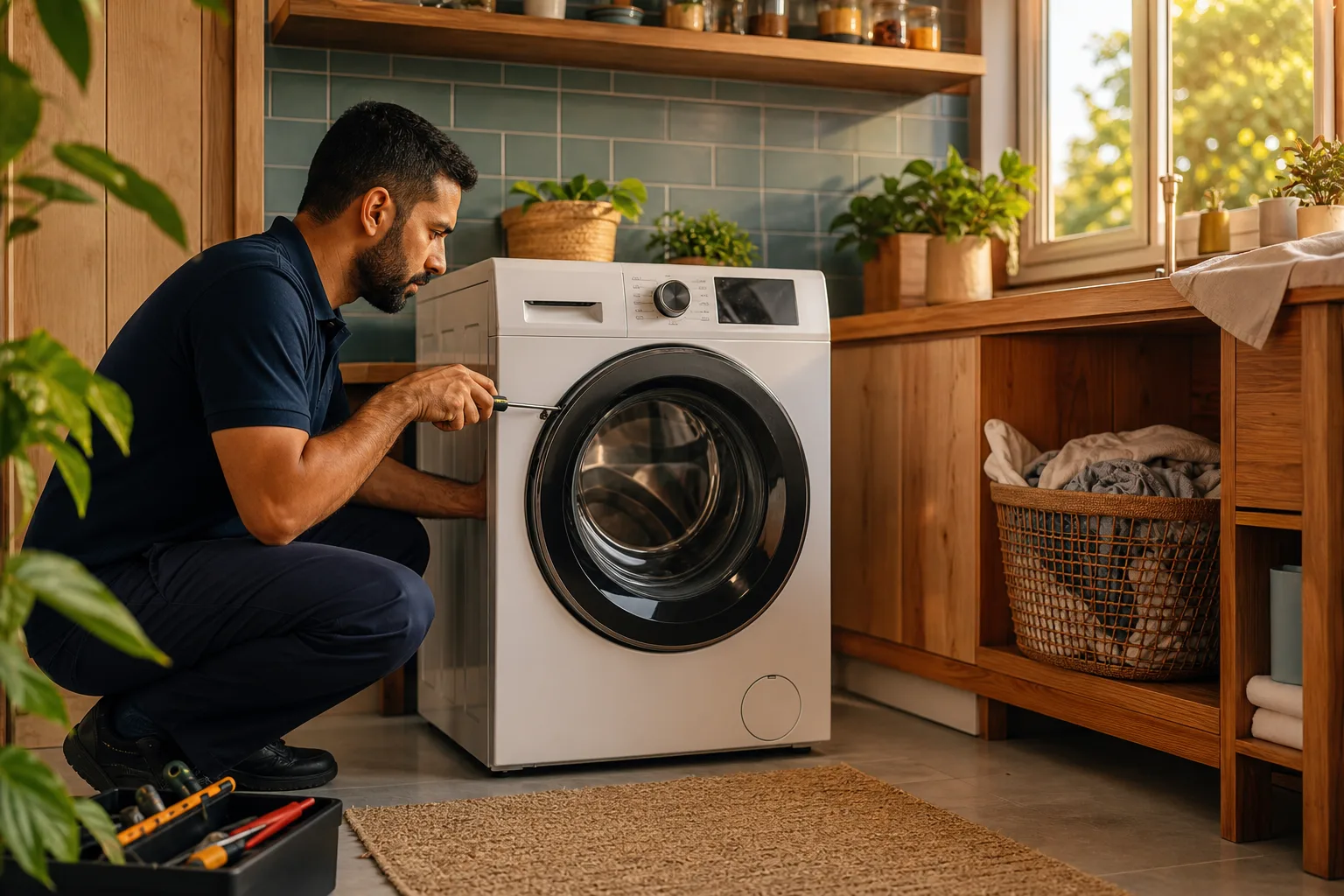 Técnico da ICEPAR consertando uma máquina de lavar na casa do cliente