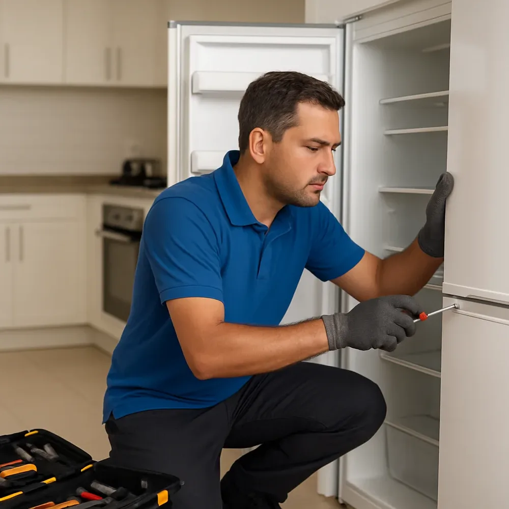 Técnico da ICEPAR verificando um refrigerador na cozinha do cliente